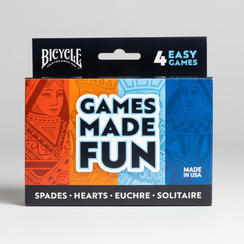 Packaging of Bicycle card games with 'Games Made Fun' branding