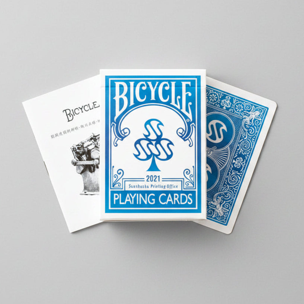 Front of Bicycle Sanshusha Playing Cards Blue tuck box with Sanshusha Printing Office branding