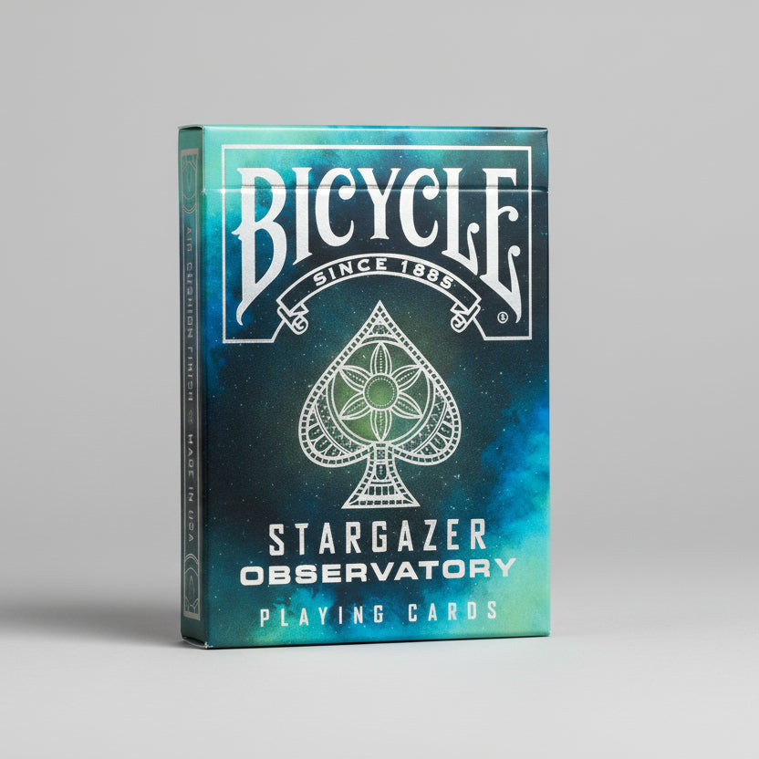 Bicycle Stargazer Observatory playing cards with blue and green gradient background
