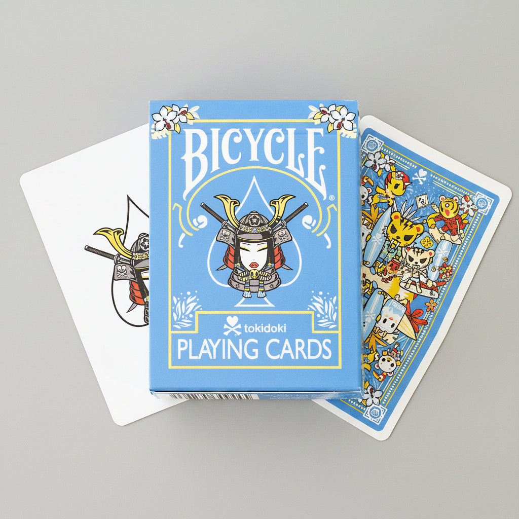 Close-up of Bicycle tokidoki 3 Playing Cards tuck box with tokidoki samurai character and floral accents