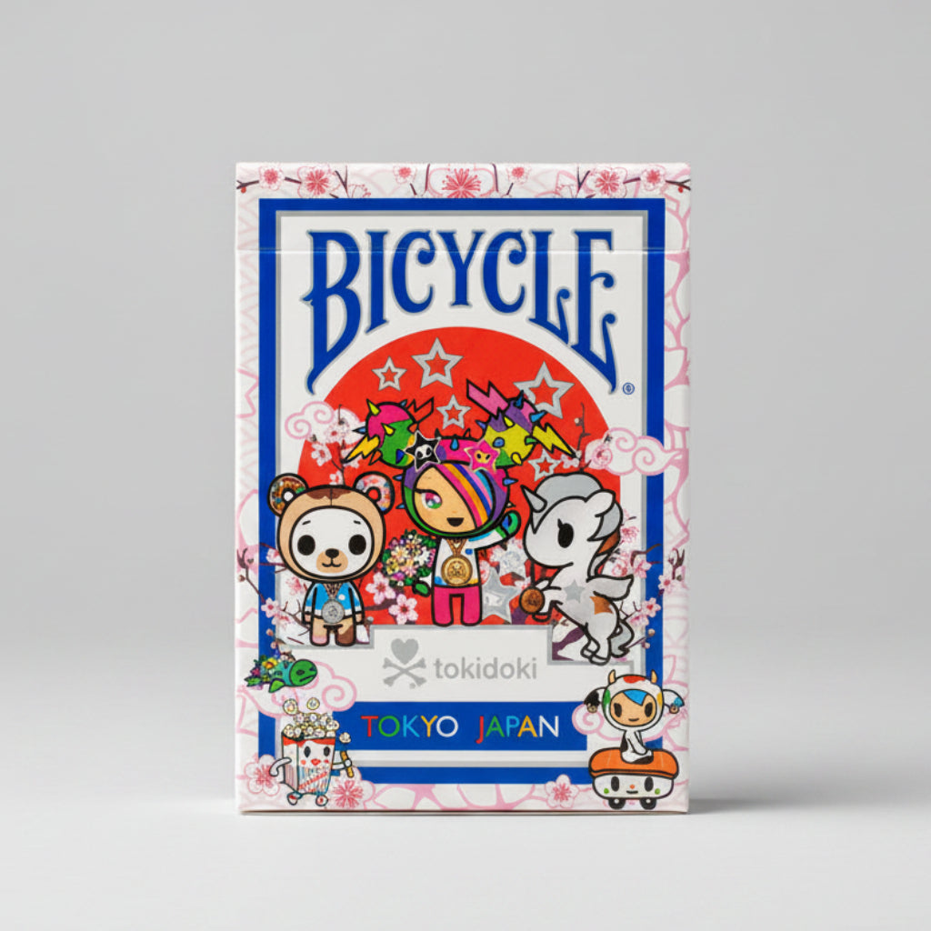 Front of Bicycle tokidoki Sports Blue Playing Cards tuck box with tokidoki characters, cherry blossoms, and Tokyo Japan theme
