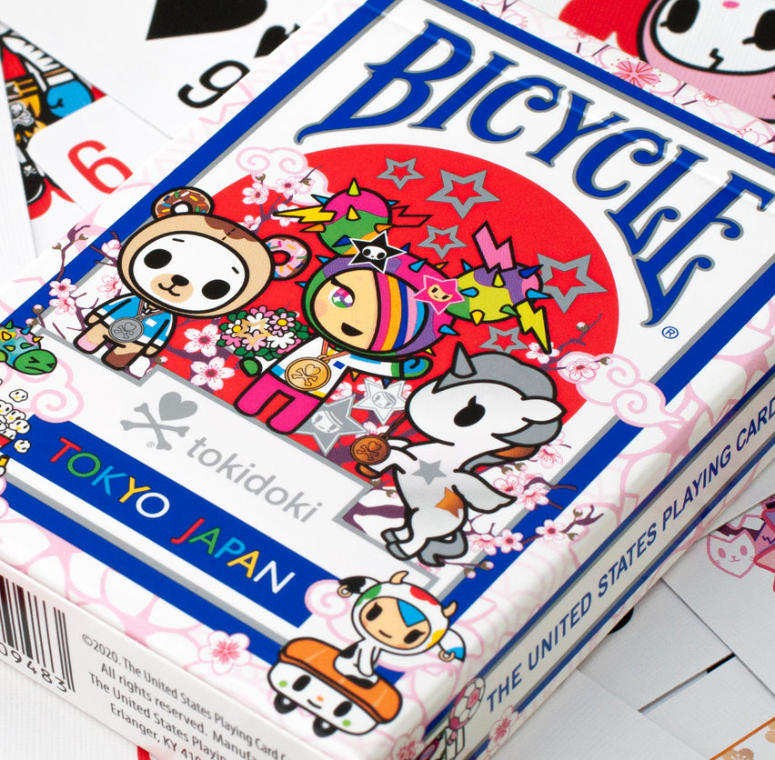 Close-up of Bicycle tokidoki Sports Blue Playing Cards tuck box with tokidoki characters and Tokyo Japan branding