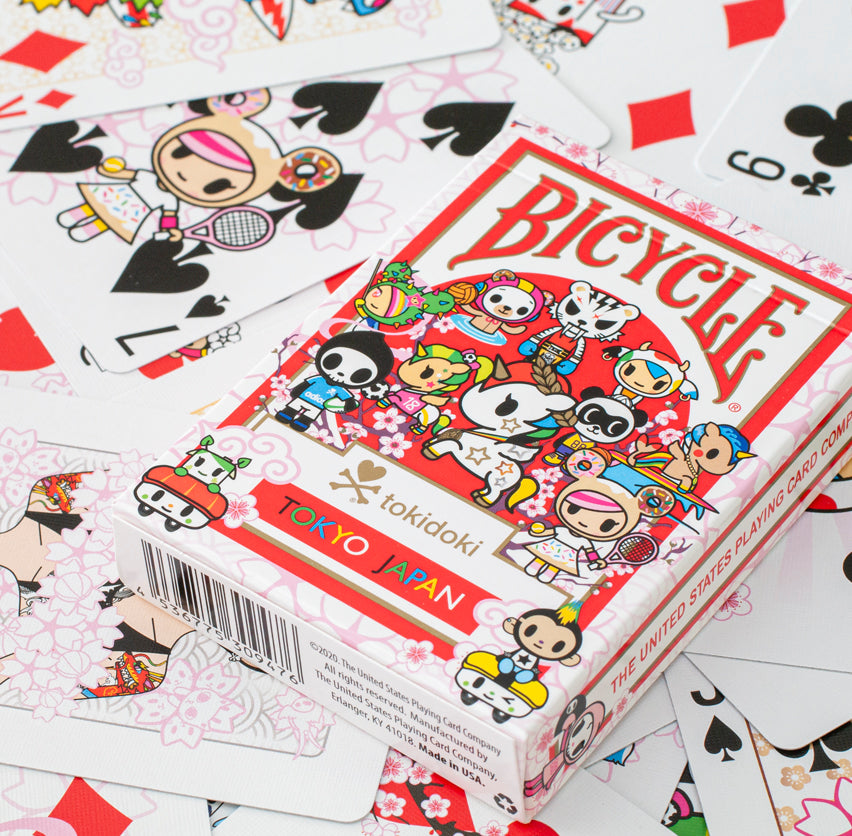 Bicycle tokidoki Sports Red Playing Cards with tuck box, custom character artwork, and tokidoki-themed face cards spread out