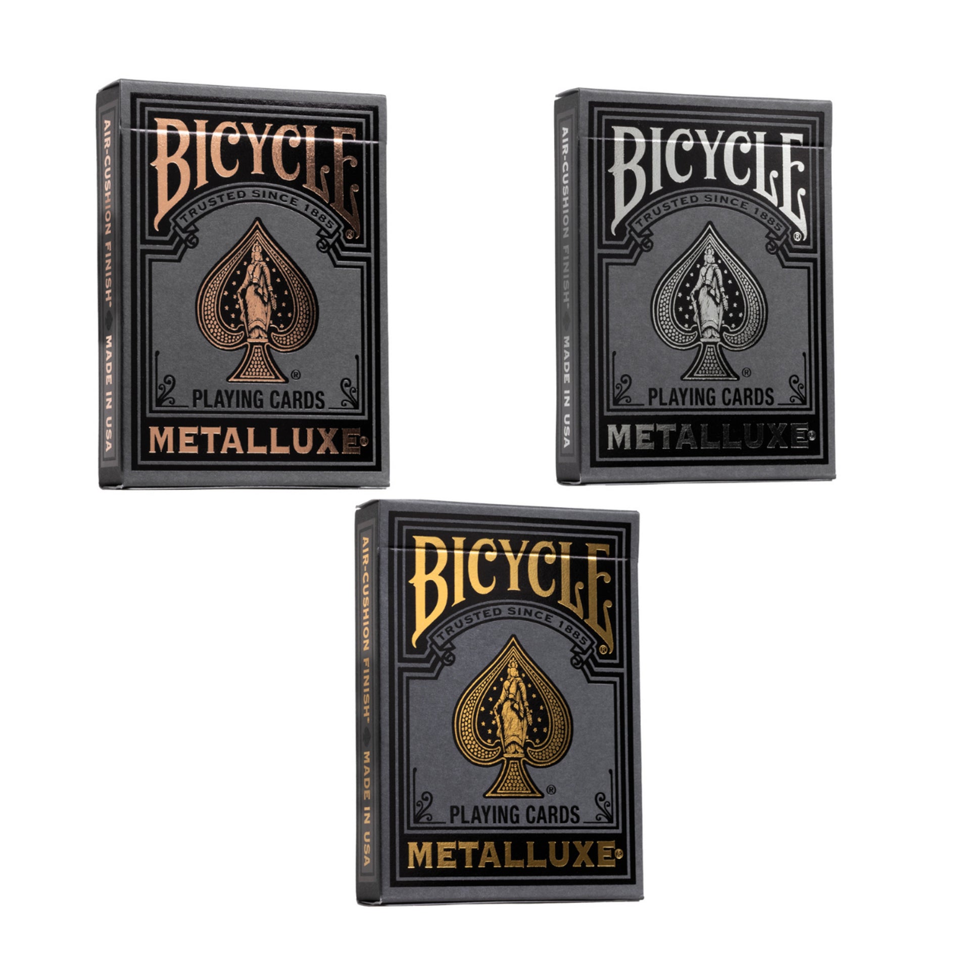 Three boxes of Bicycle Black Metalluxe playing cards on a white background