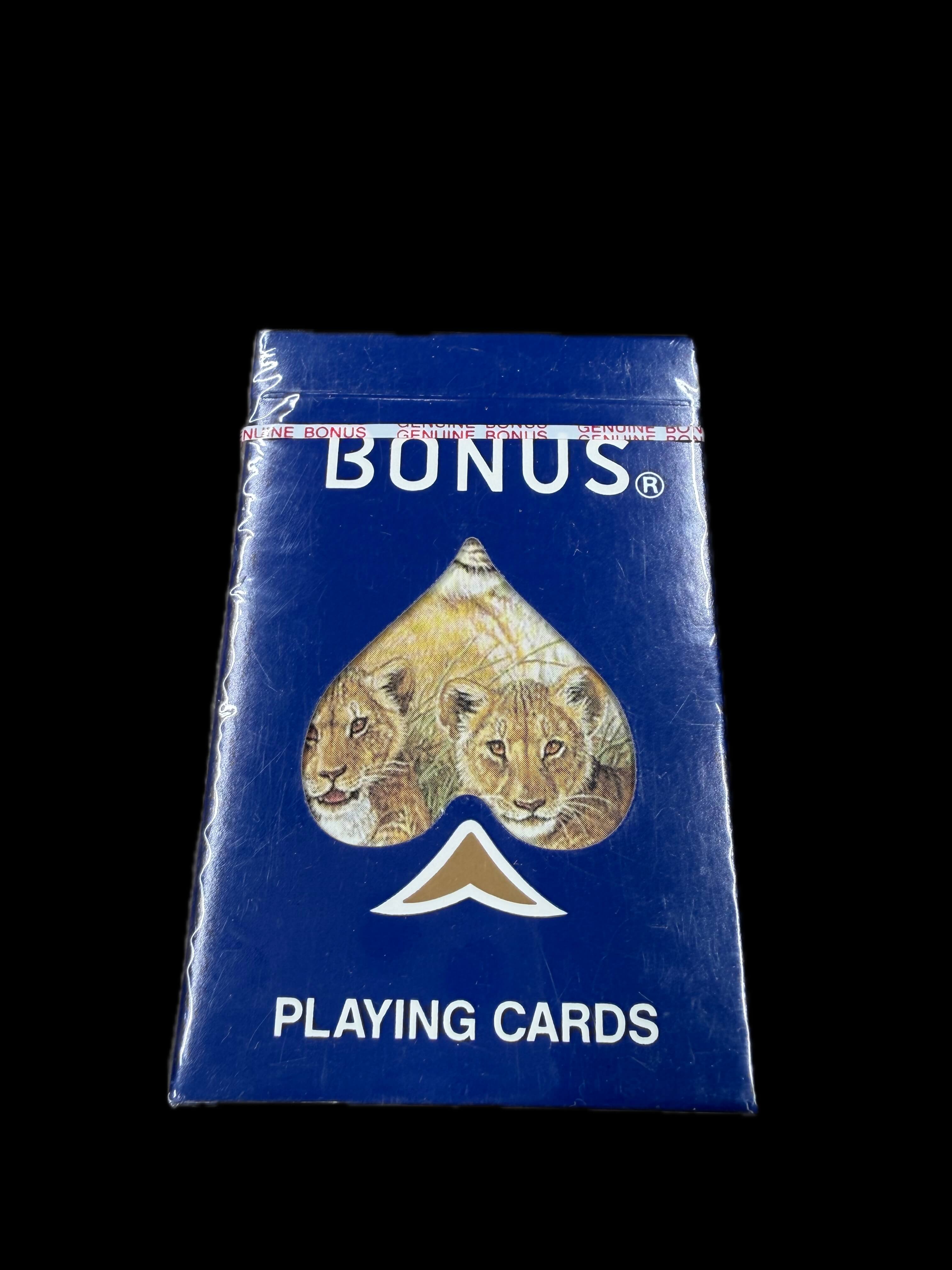 Pack of Bonus playing cards with lion design on a blue background