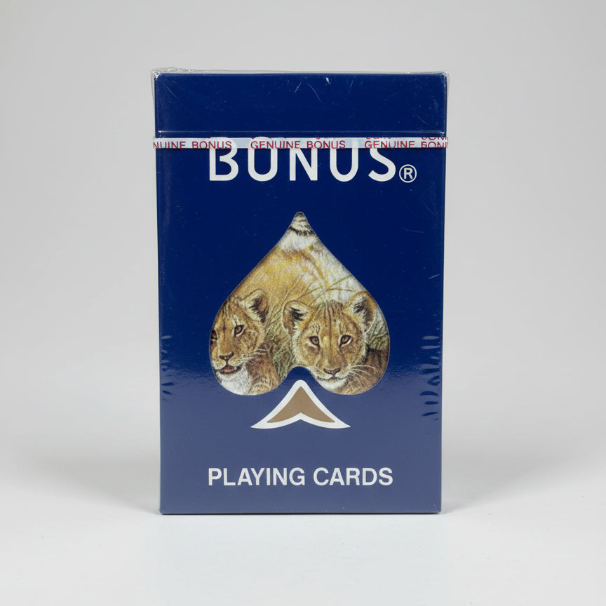 Pack of Bonus playing cards with lion design on a blue background