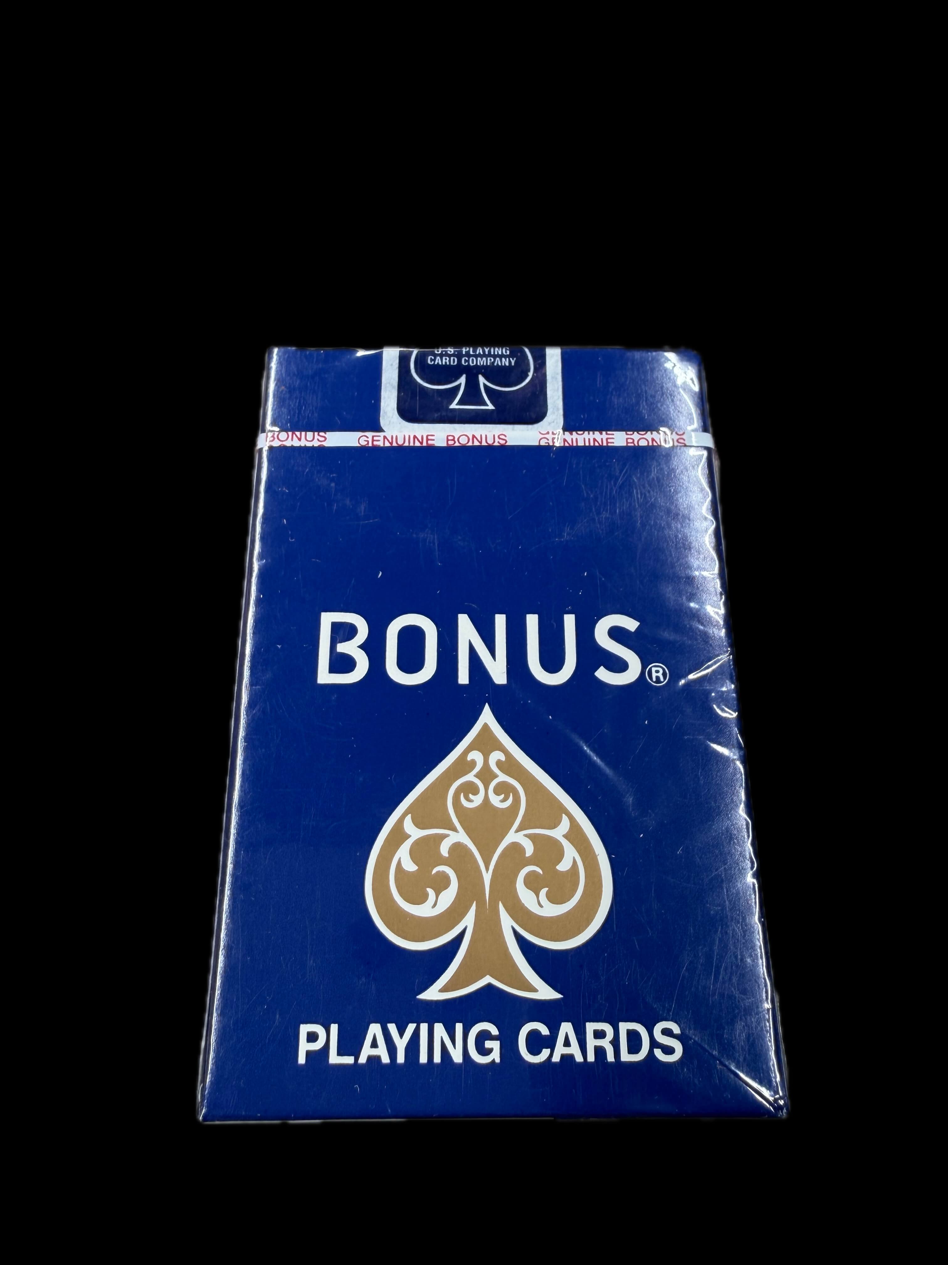 Blue card deck packaging with 'Bonus' branding on a black background