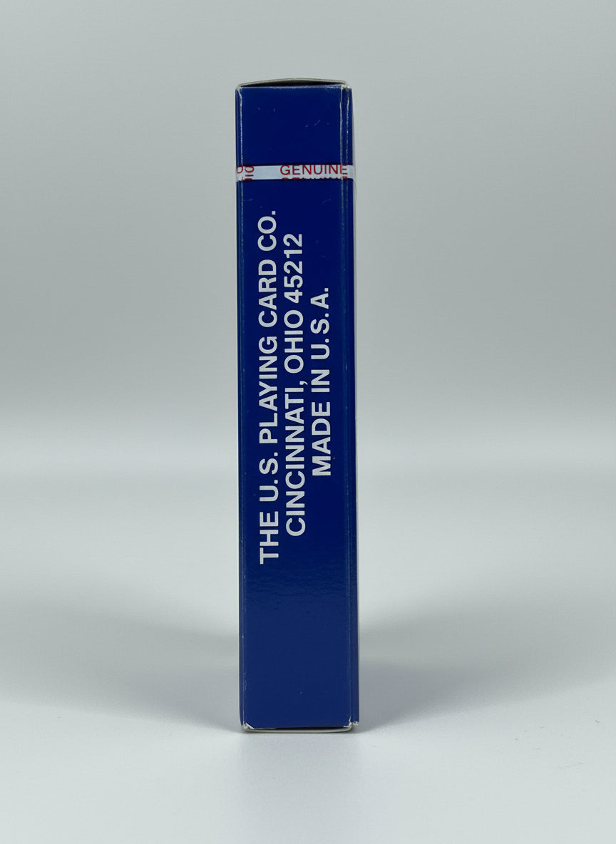 Blue packaging of The U.S. Playing Card Co. with text on a black background