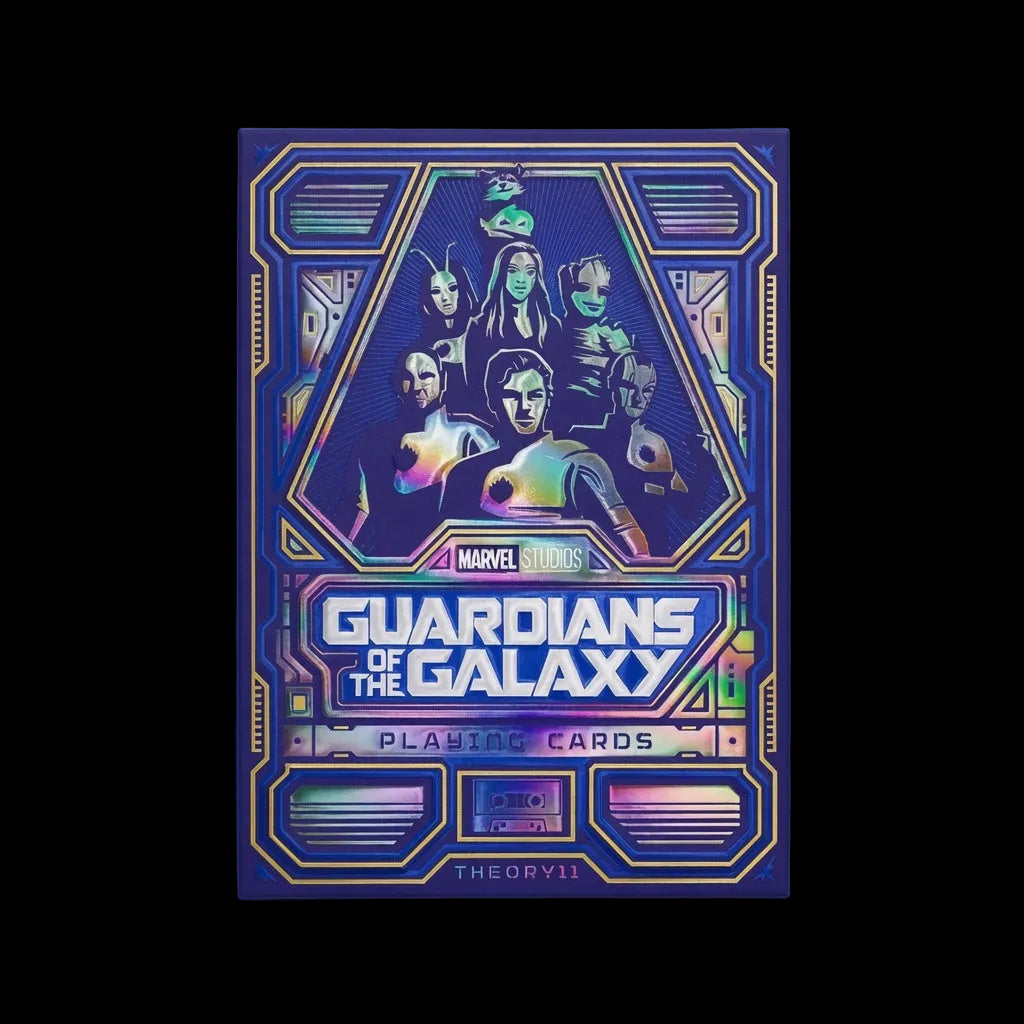 Marvel's Guardians of the Galaxy Playing Cards deck box by TheoryVII, featuring a vibrant blue and gold design with character illustrations