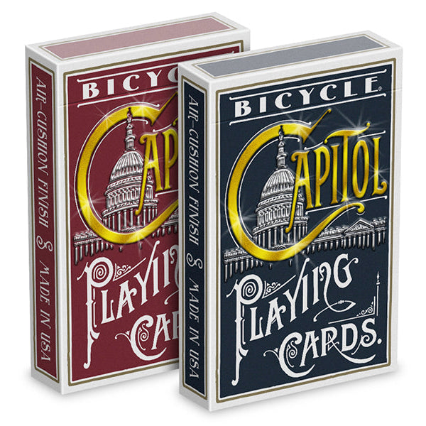 Two boxes of Bicycle Capitol playing cards on a white background