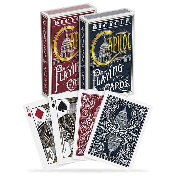 Two decks of Bicycle Capitol playing cards on a white background