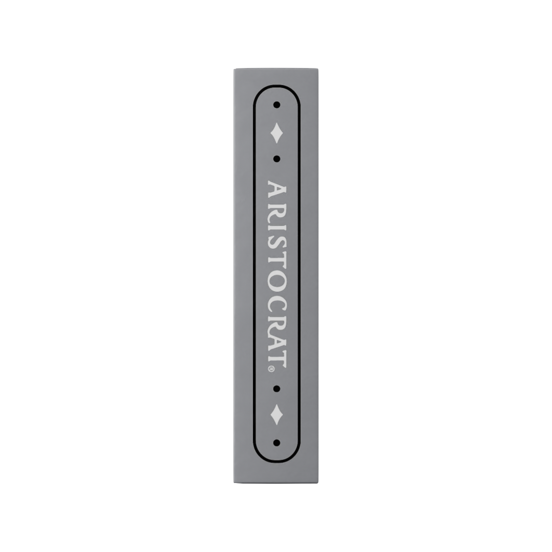 Left side panel of Aristocrat 727 Silver tuck box with Aristocrat wordmark and small diamond pips on silver background.
