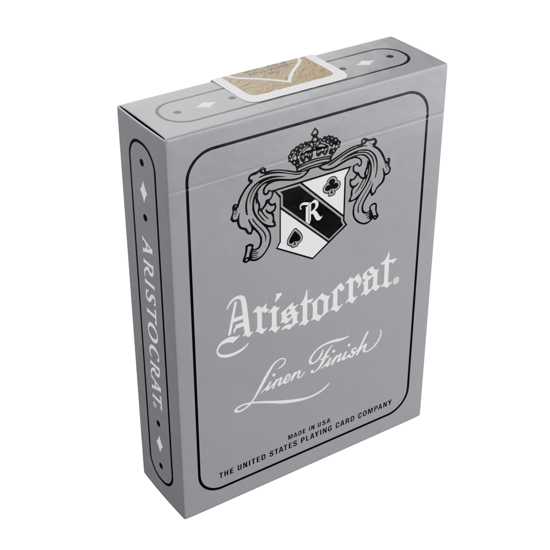 Aristocrat 727 Silver 110th Anniversary deck in silver tuck box, front and left side visible with crest shield and crowned logo.