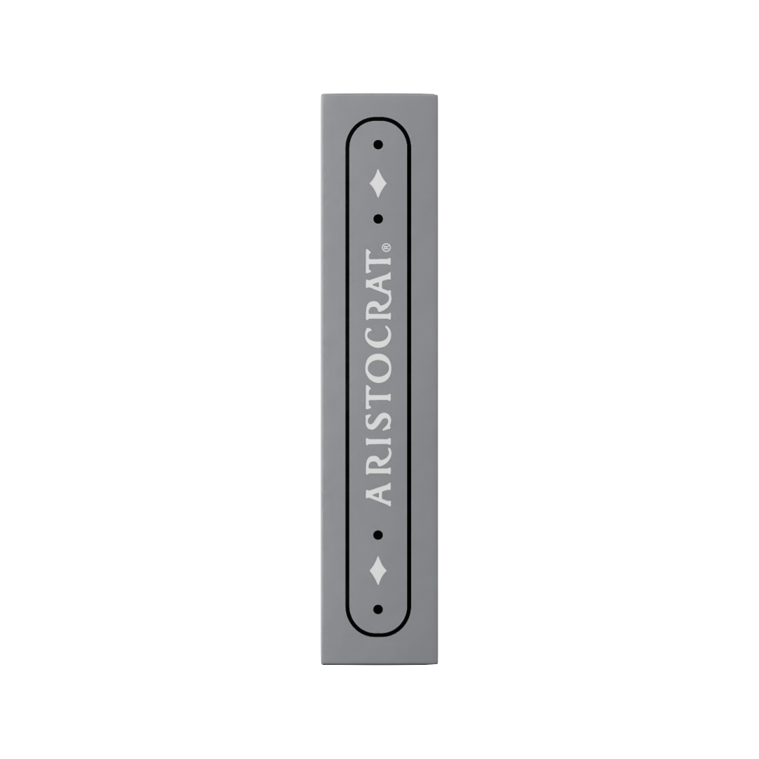 Right side panel of Aristocrat 727 Silver tuck box with vertical Aristocrat branding and diamond pip accents.