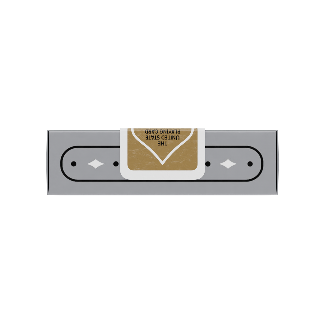 Top edge of Aristocrat 727 Silver tuck box with gold tax stamp–style seal and diamond pip border.