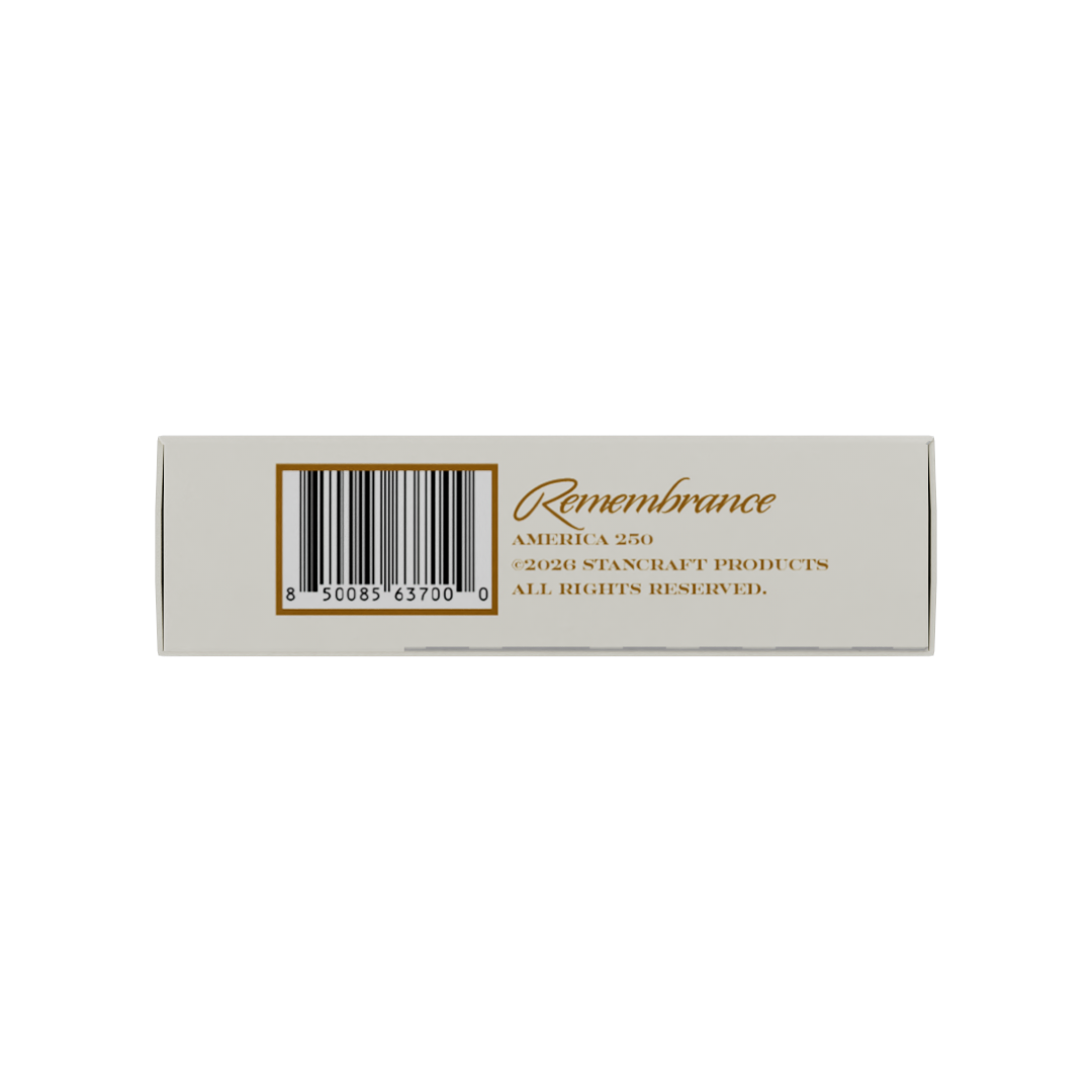 Bottom panel of the Remembrance America 250 playing card tuck box showing the barcode, Remembrance America 250 branding, and Stancraft Products copyright notice.