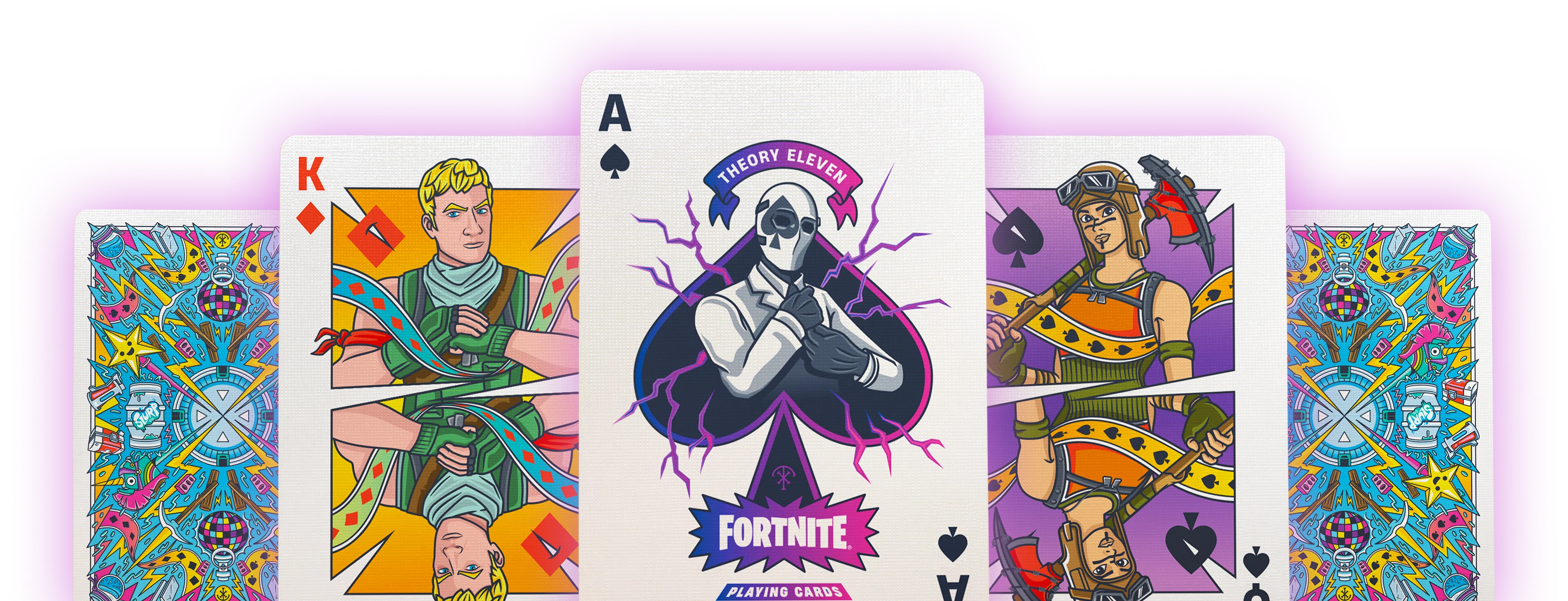 Theory11 Fortnite Playing Cards showing custom Ace, court cards, and colorful card backs