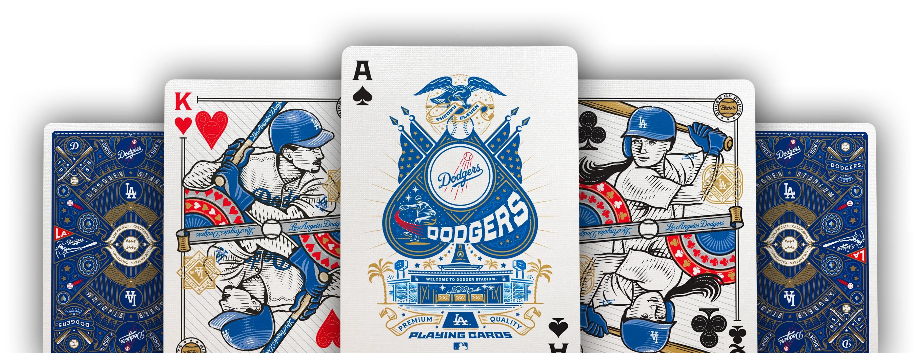 Dodgers Ace of Spades and four other playing cards with baseball-themed artwork spread on a background.