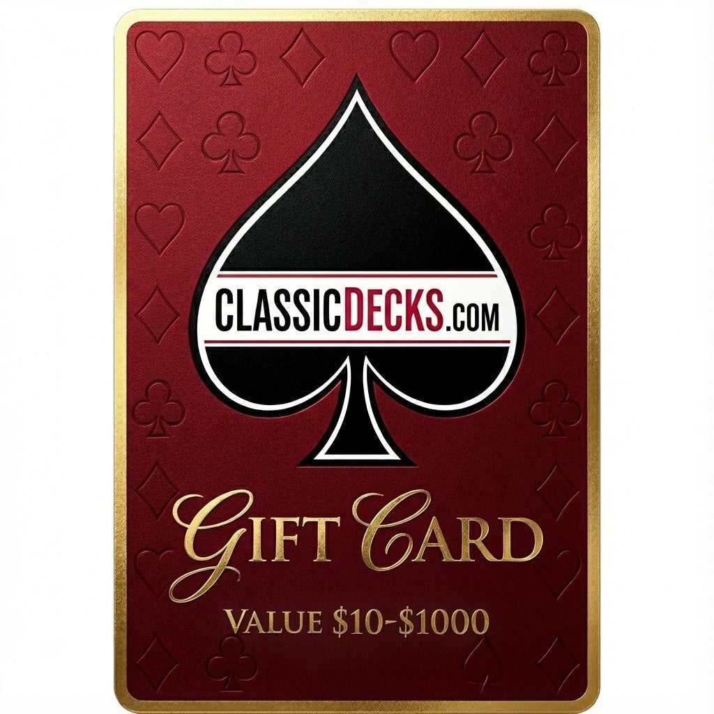 Red gift card with playing card spade symbol and 'ClassicDecks.com' branding