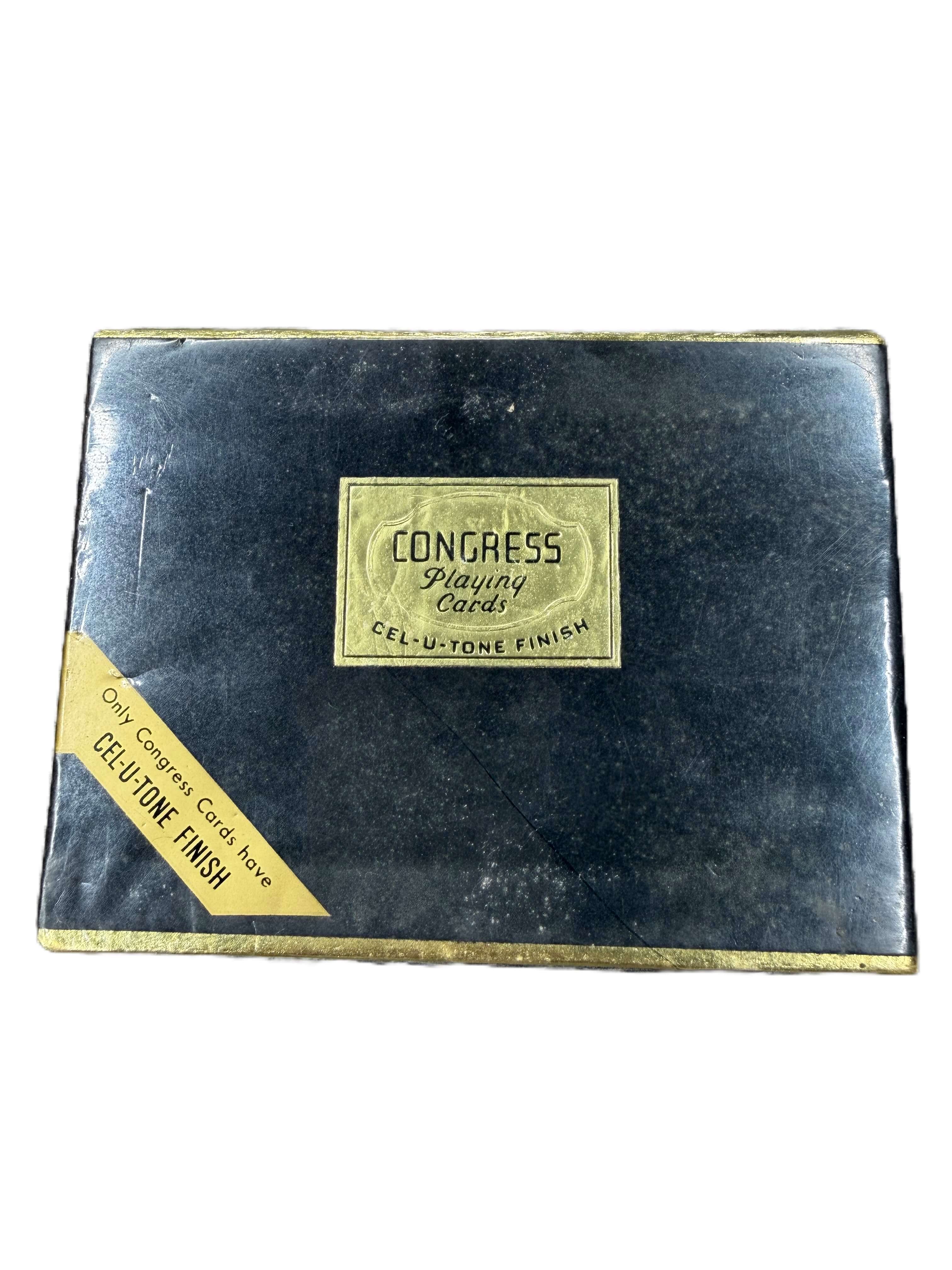 Vintage Congress Playing Cards box with gold label on a white background