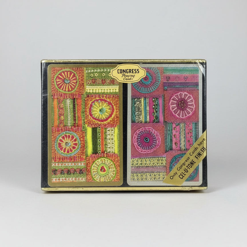 Colorful patterned Congress Shapes cards in packaging on a white background