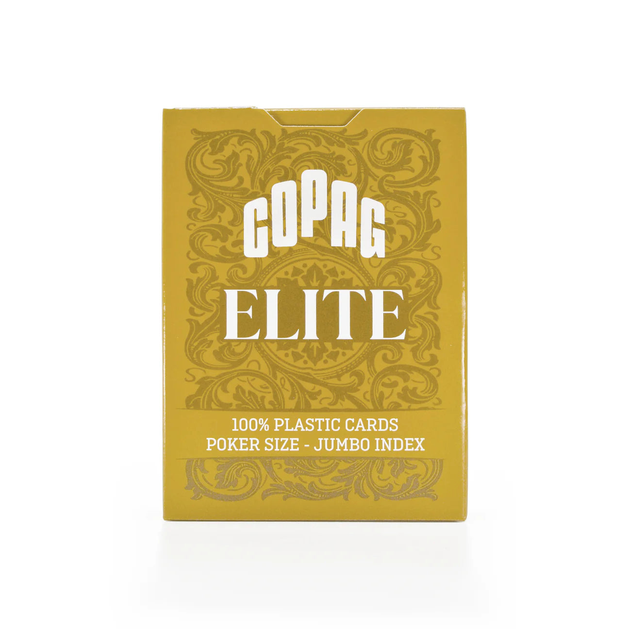 Gold playing card box with 'Gopag Elite' branding on a white background