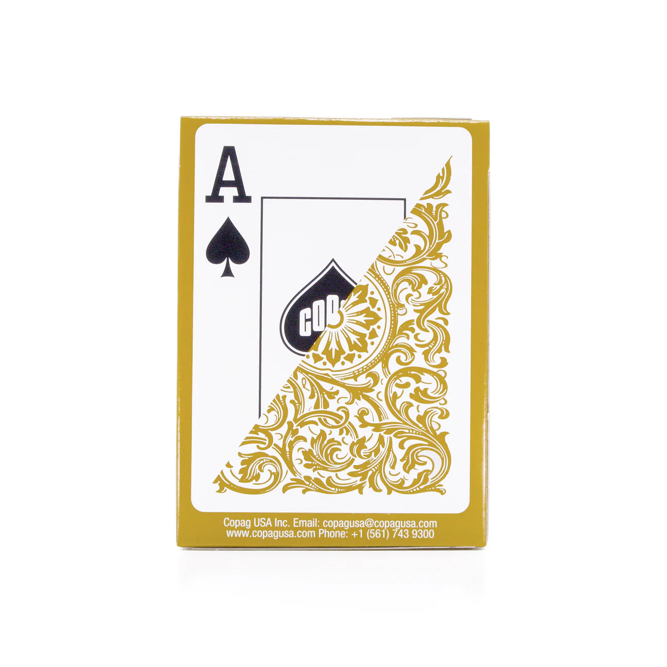 Playing card with gold and black design on a white background