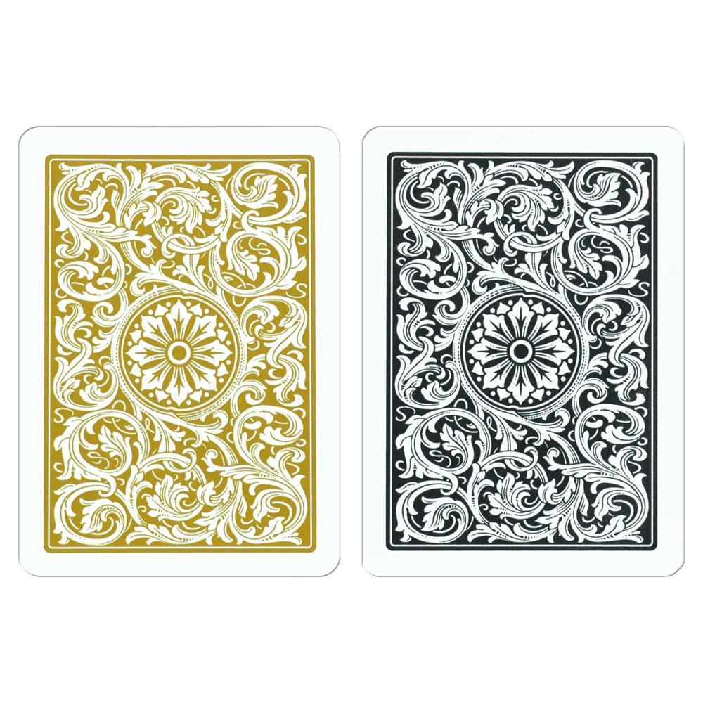 Two Copag 1546 Poker Size Regular Index (Black & Gold) playing cards with intricate floral patterns, one in gold and white, the other in black and white.