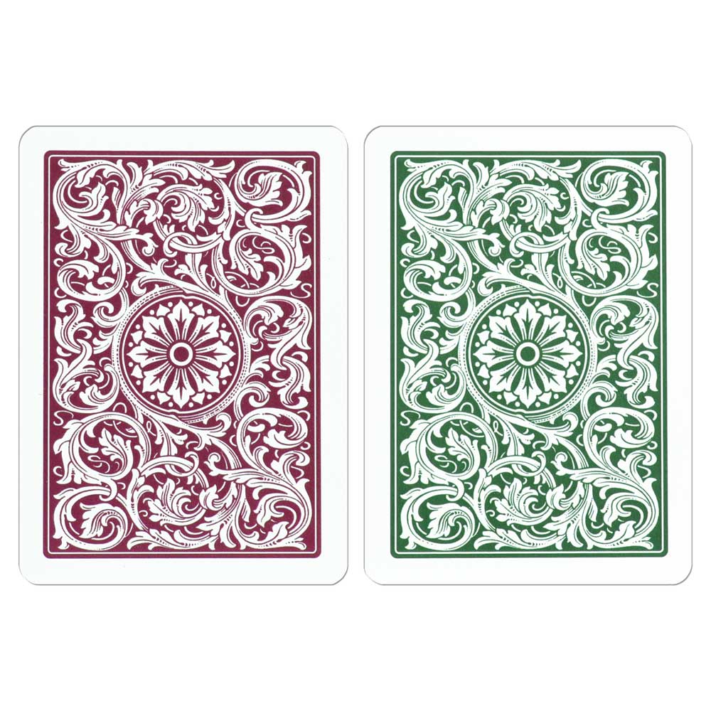 Two Copag 1546 Poker Size Regular Index (Burgundy & Green) playing cards with intricate patterns, one red and one green, on a white background.