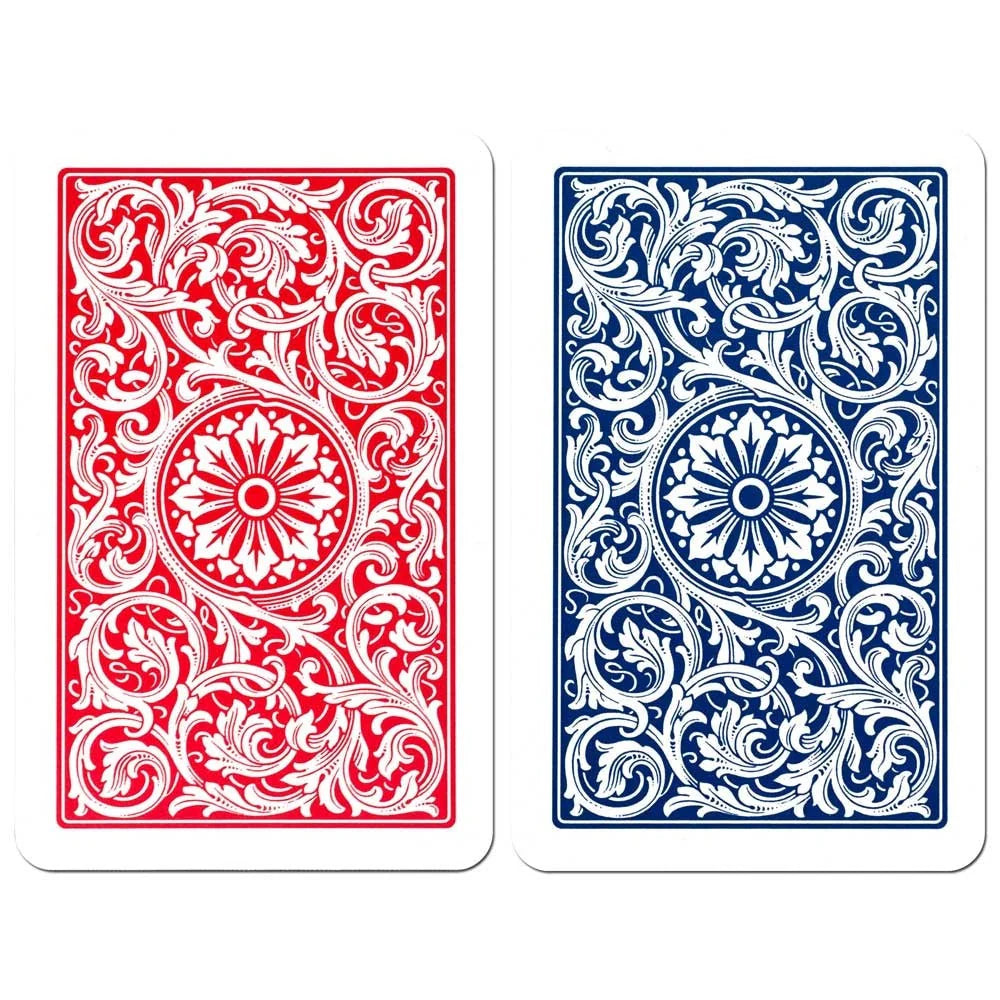 Two Copag 1546 Bridge Size Regular Index playing cards, one red and one blue, with intricate white patterns on a white background.
