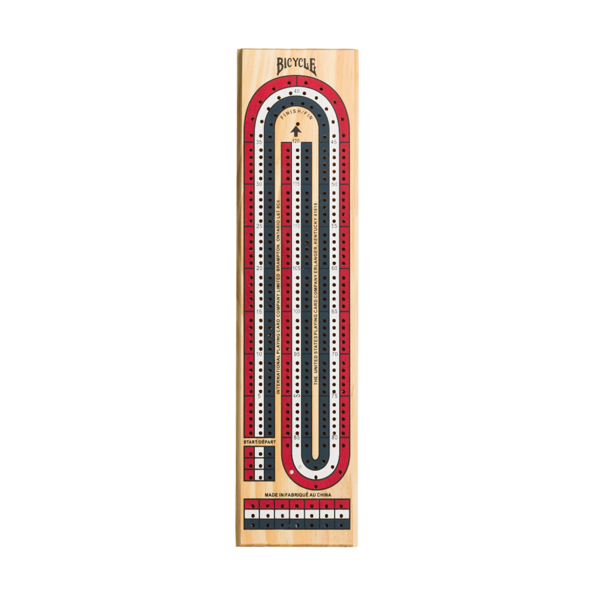 Wooden cribbage board with red, black, and white tracks on a white background