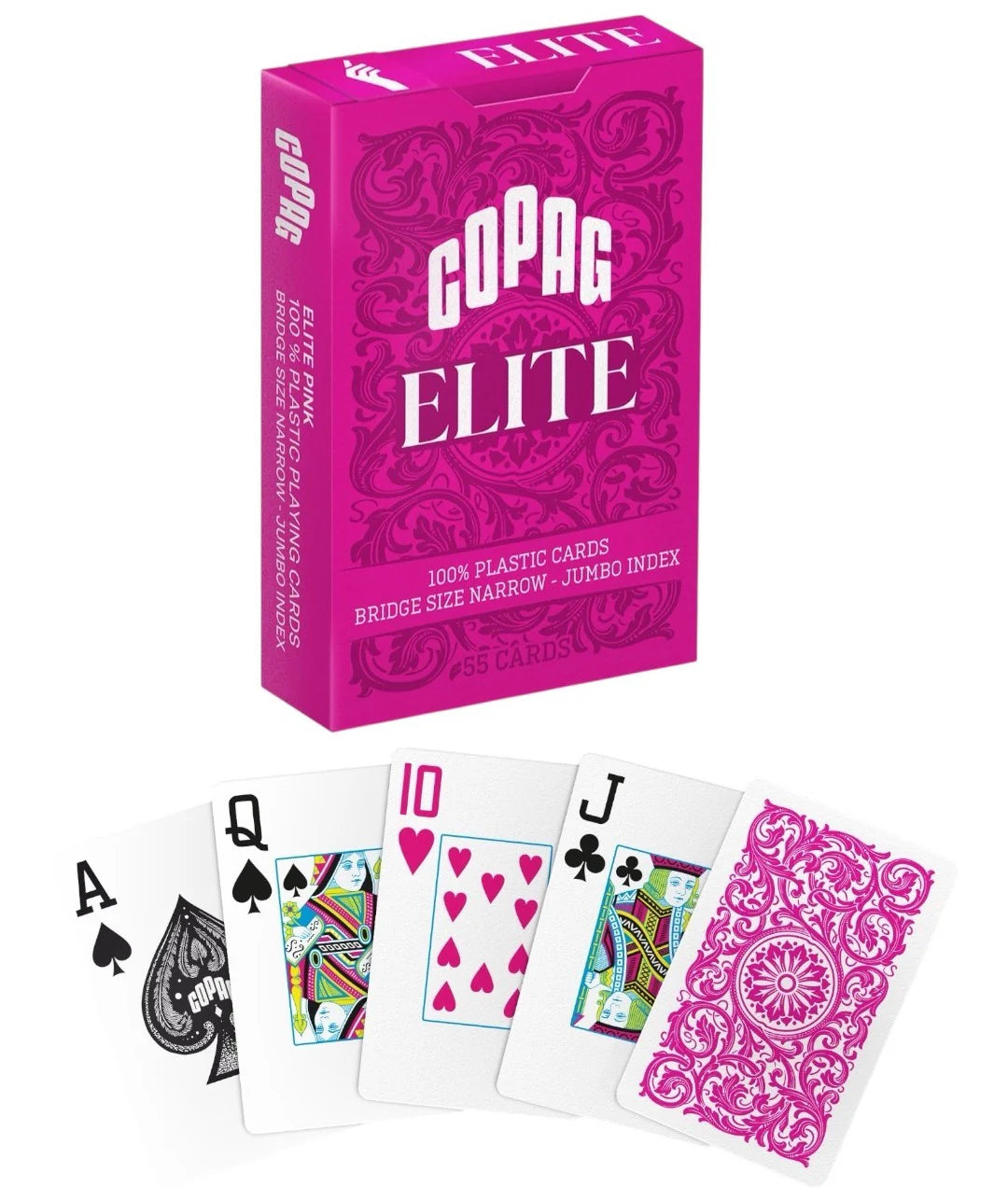Copag Elite jumbo playing cards in bridge size with a pink box and sample cards on a white background