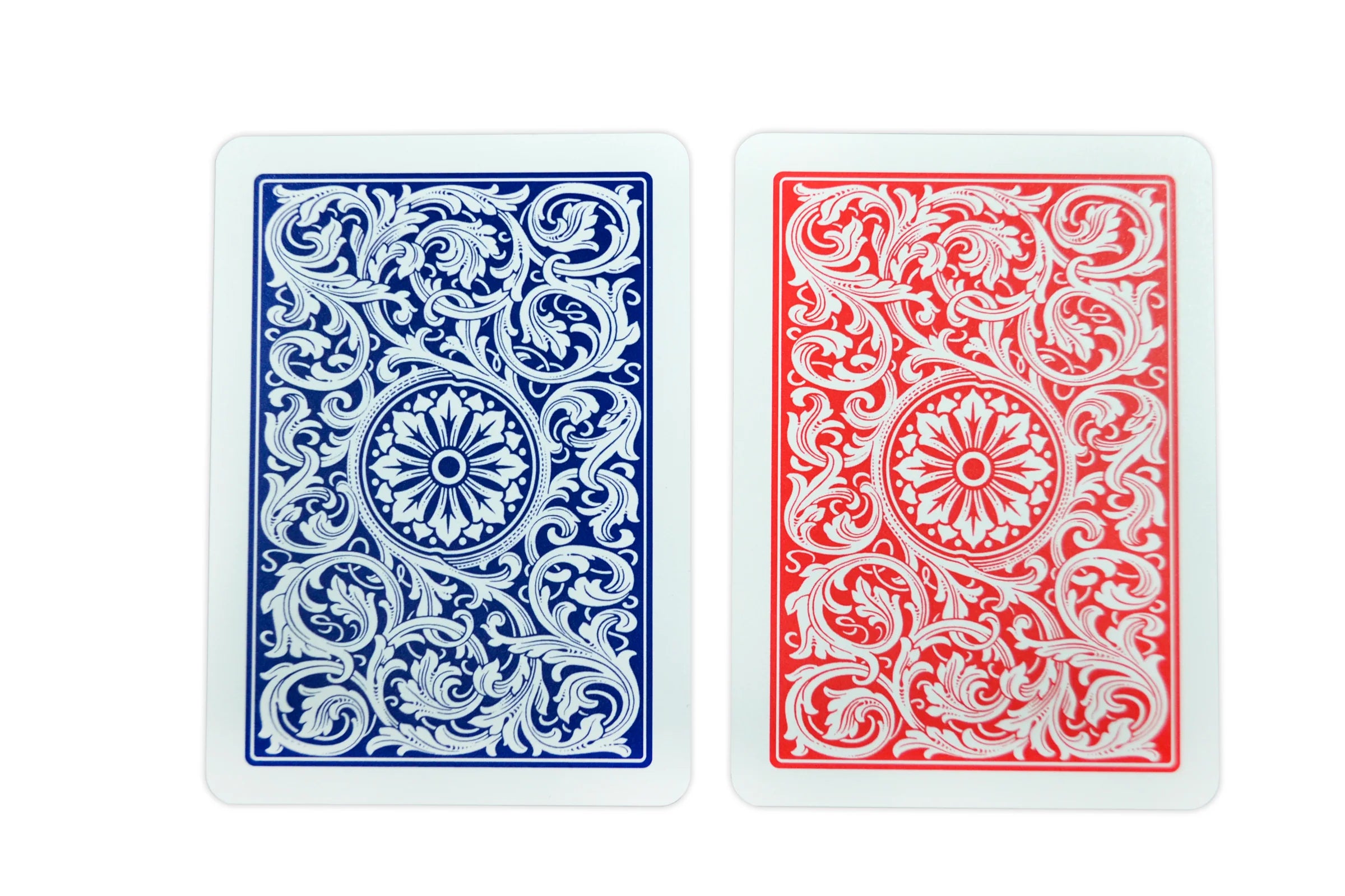 Copag 1546 Poker Size Traditional Index Playing Cards, one blue and one red, with decorative patterns on a white background.