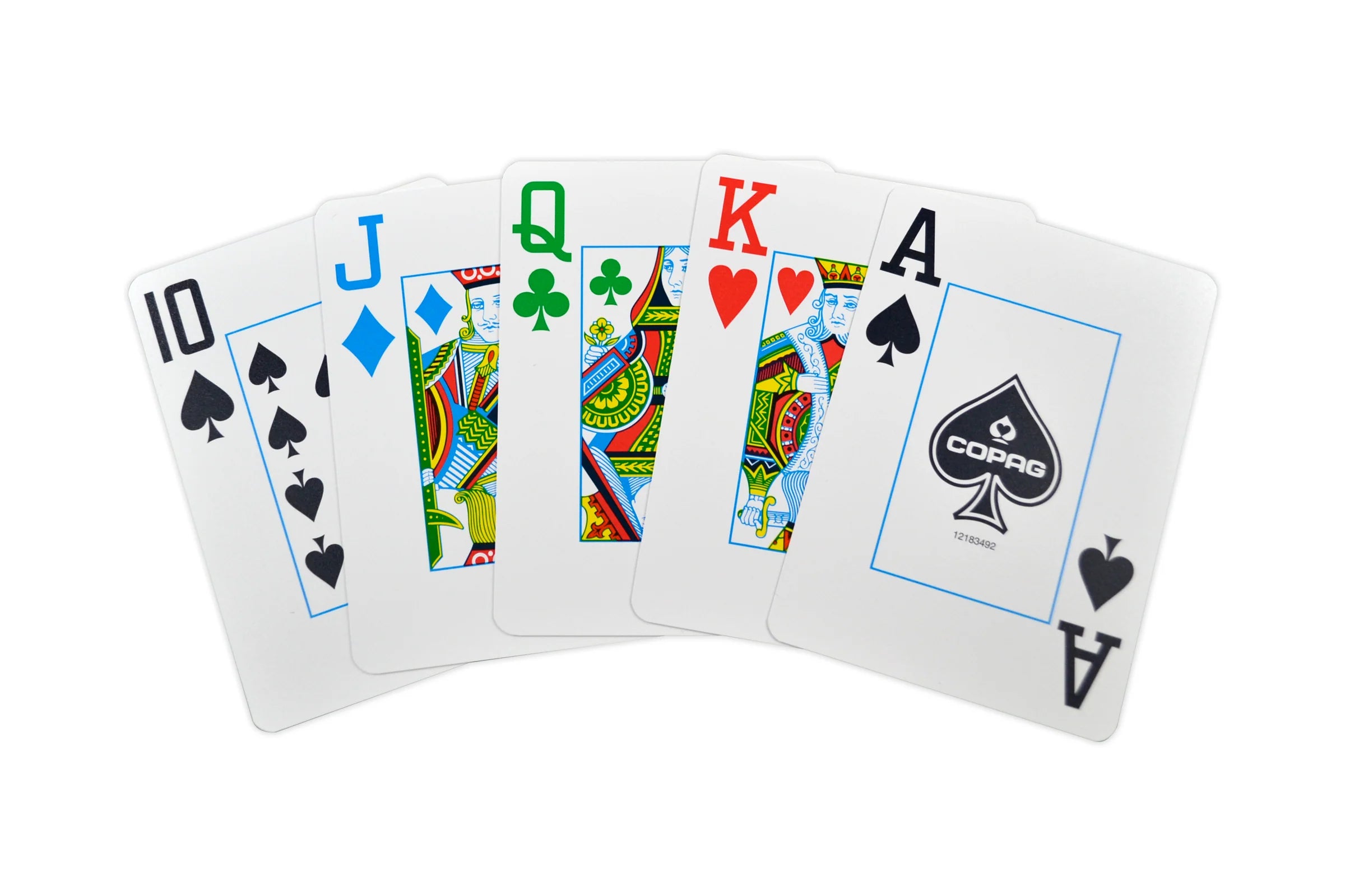 Set of four color jumbo playing cards with Copag brand logo on a white background