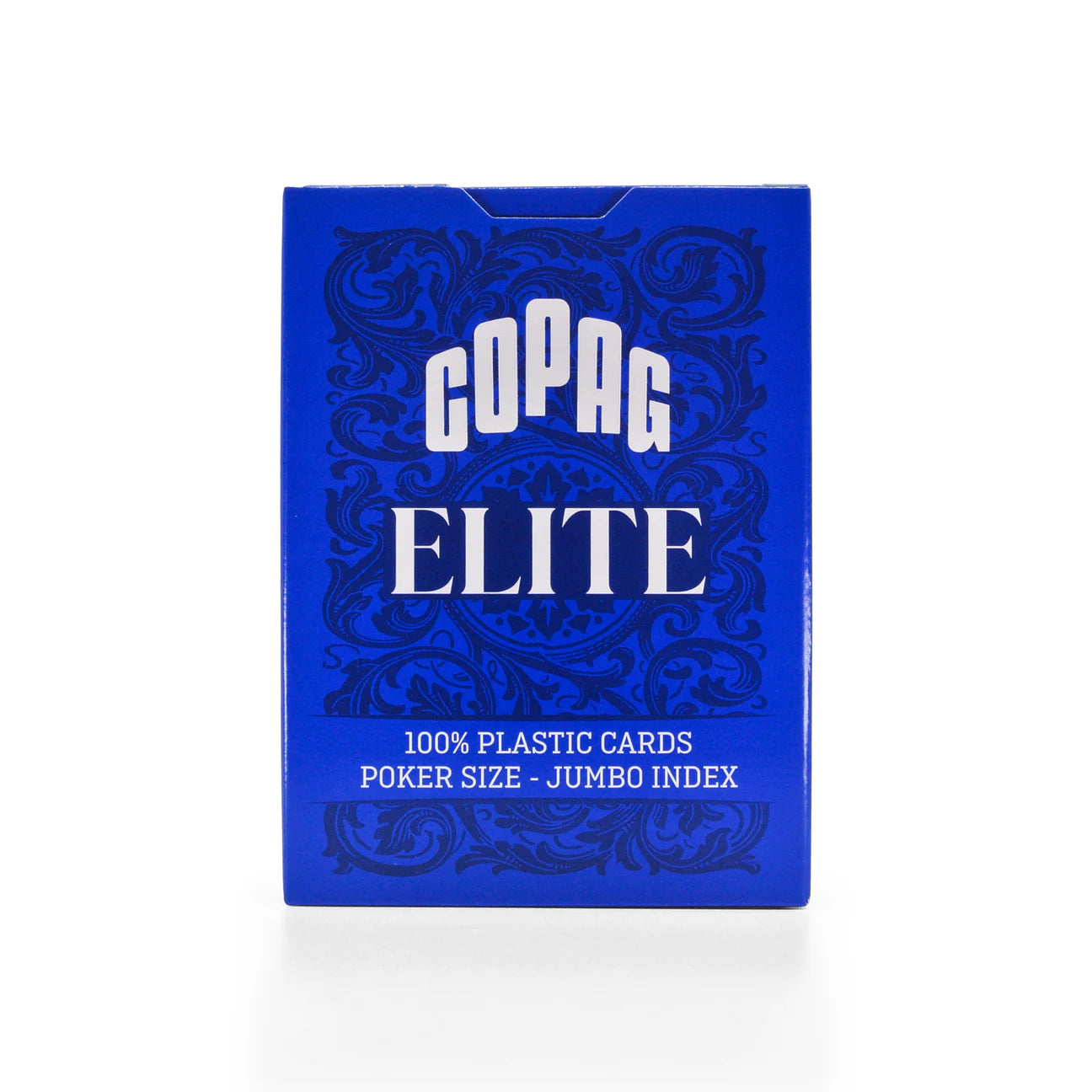 Blue packaging of Copag Elite playing cards with white text on a white background