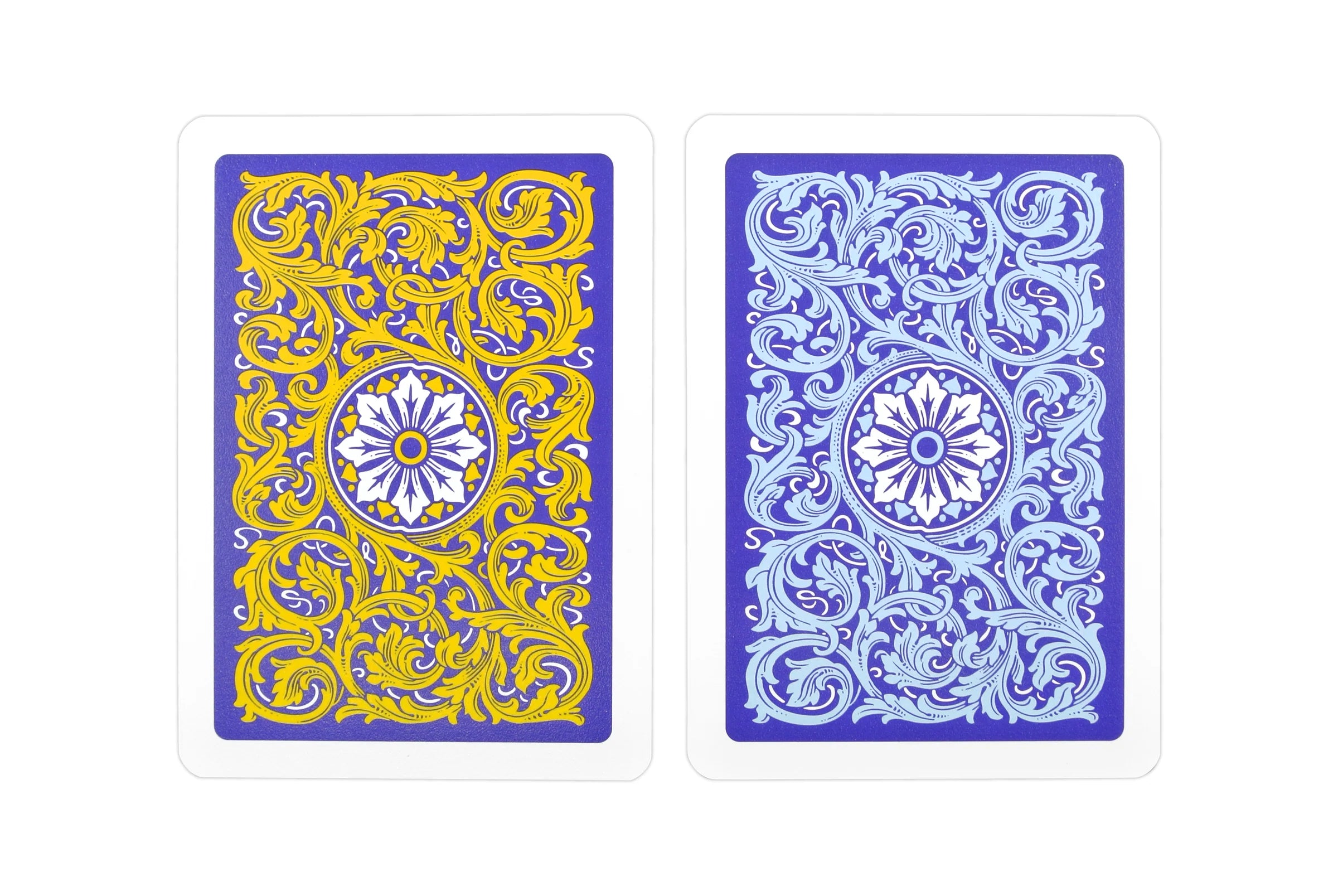 Two Copag Neoteric Poker Size Regular Index (Blue & Yellow) with decorative patterns on a white background