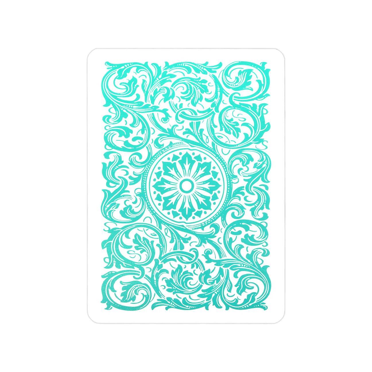 Decorative card with intricate turquoise pattern on a white background