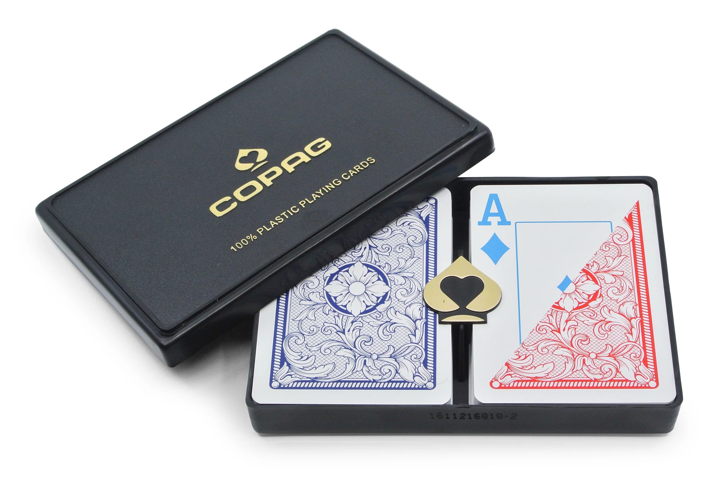 Playing cards with a black box labeled 'Copag' on a white background