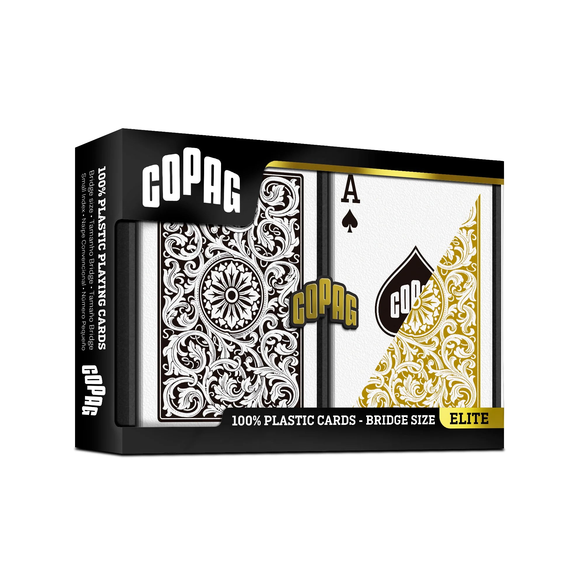 Copag 1546 Bridge Size Regular Index (Black & Gold) playing cards packaging with card design on a white background