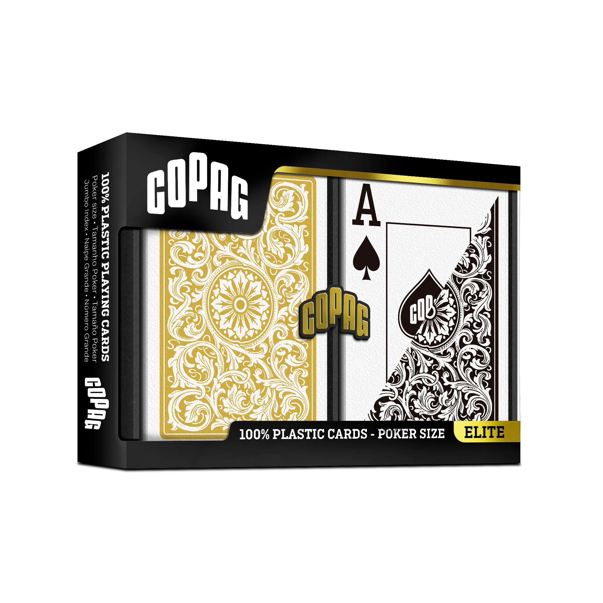 Copag 1546 Poker Size Jumbo Index (Black & Gold) playing cards packaging with card design on a white background
