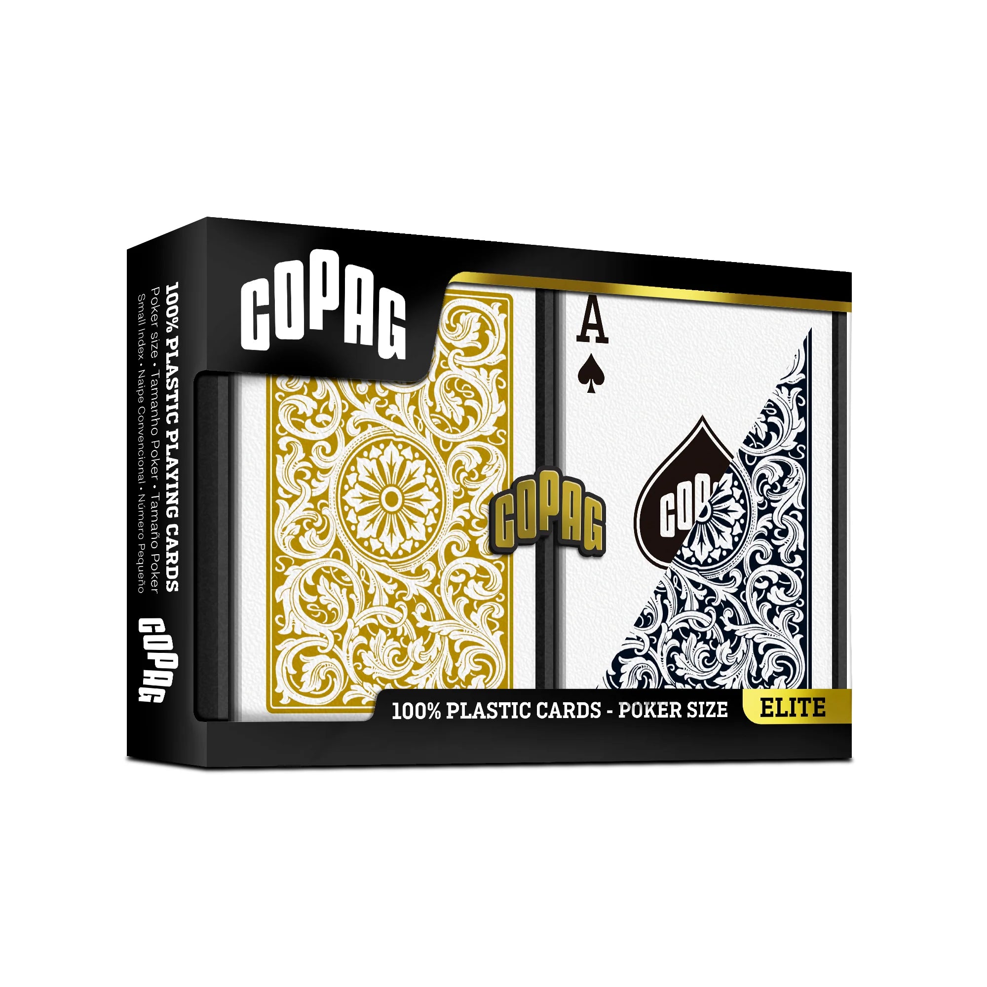 Box of Copag 1546 Poker Size Regular Index (Black & Gold) playing cards with gold and black design on a white background