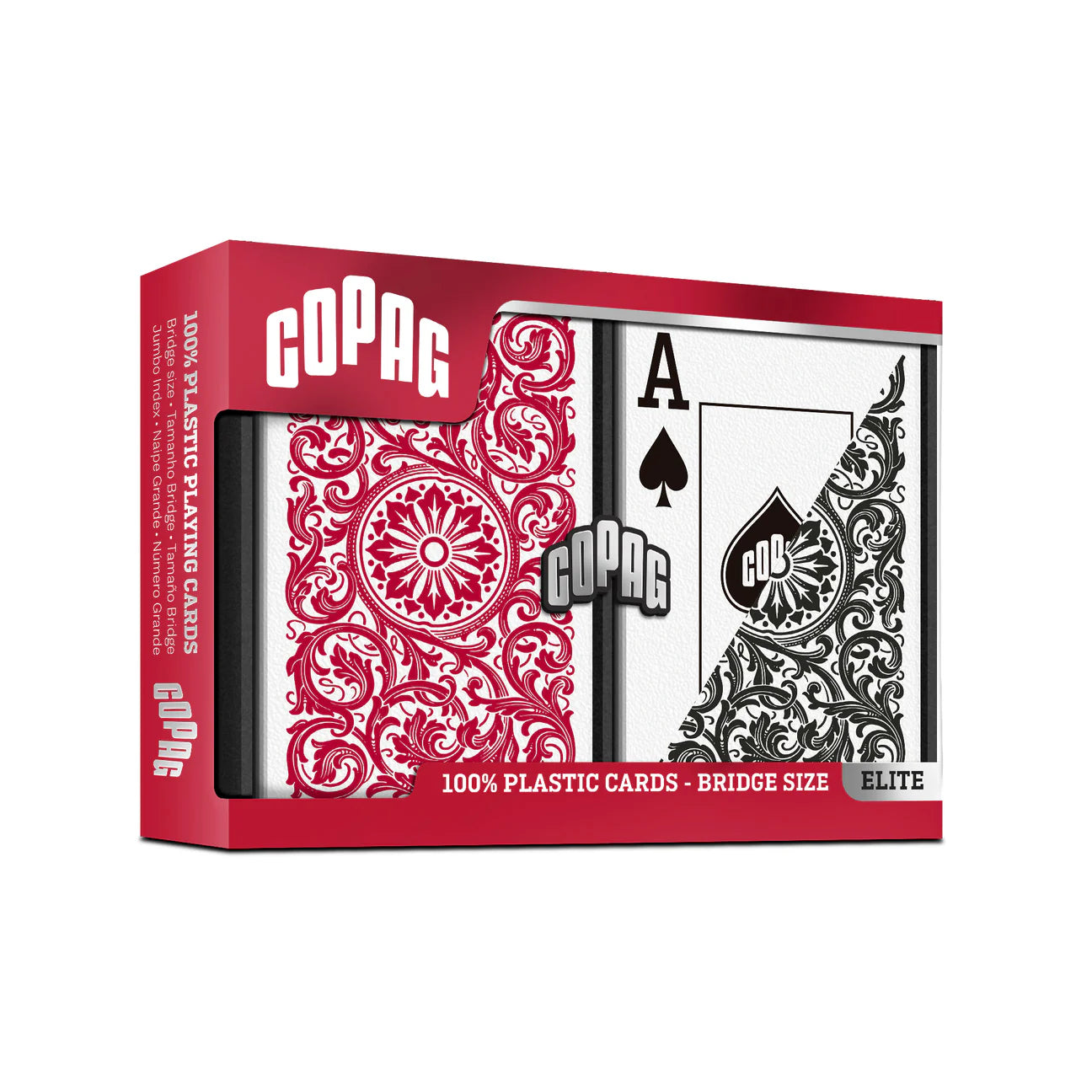 Copag 1546 Bridge Size Jumbo Index (Black & Red) playing cards in a red box on a white background