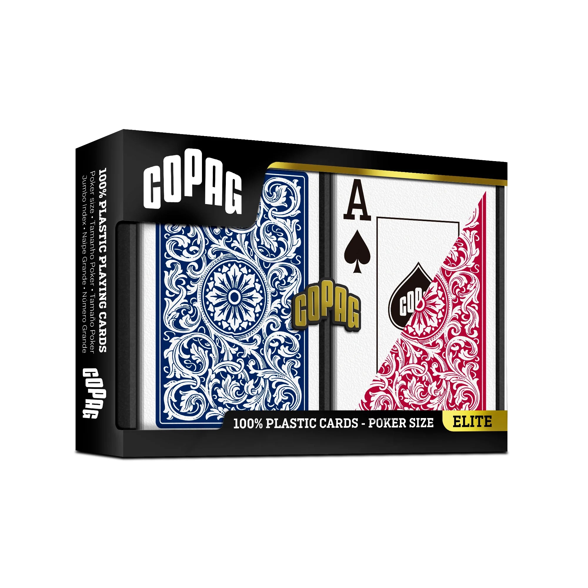Copag 1546 Elite Jumbo playing cards packaging with blue and red card designs on a white background