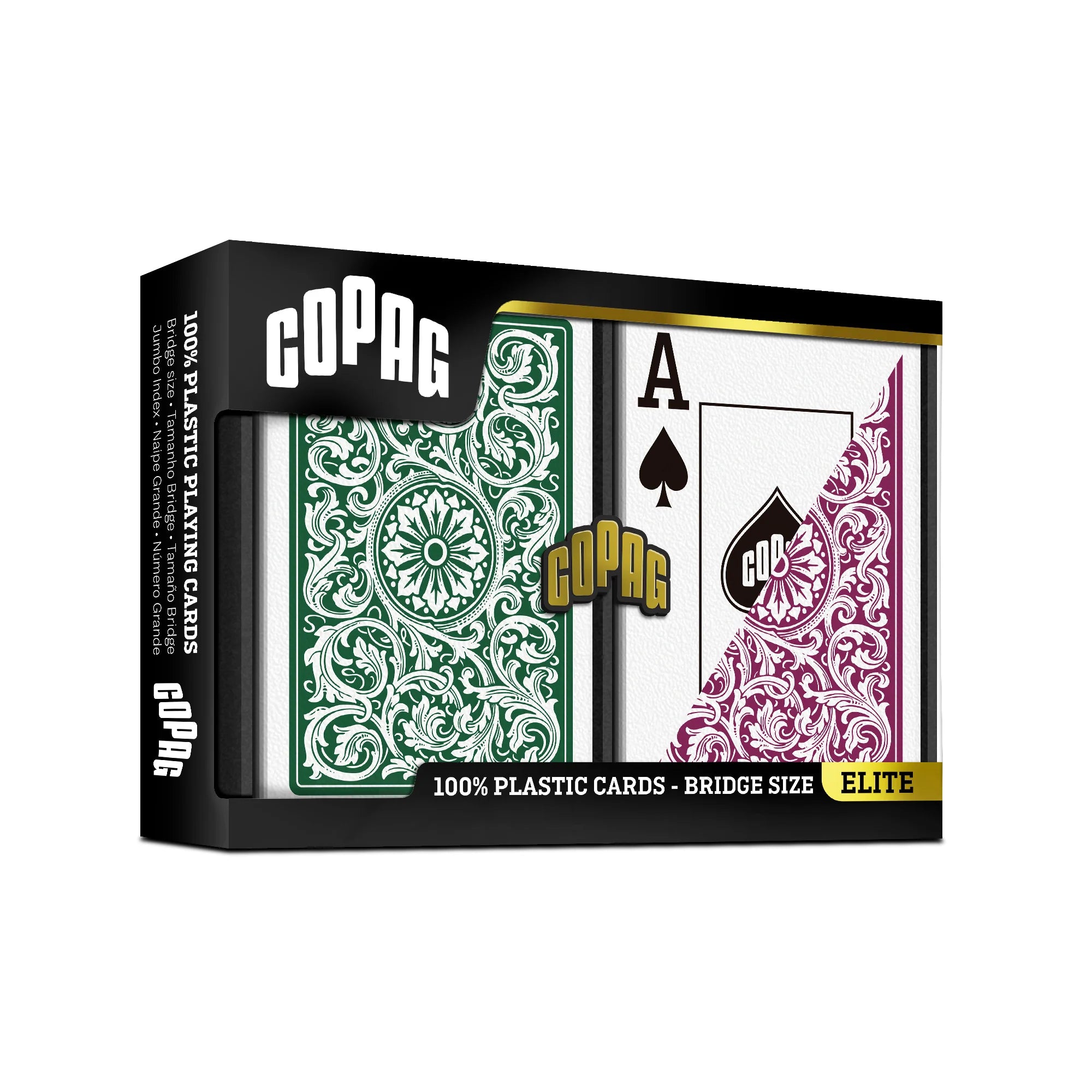 Retail box of Copag 1546 100% plastic bridge-size jumbo index double deck with green and burgundy ornate backs and Ace of spades graphic