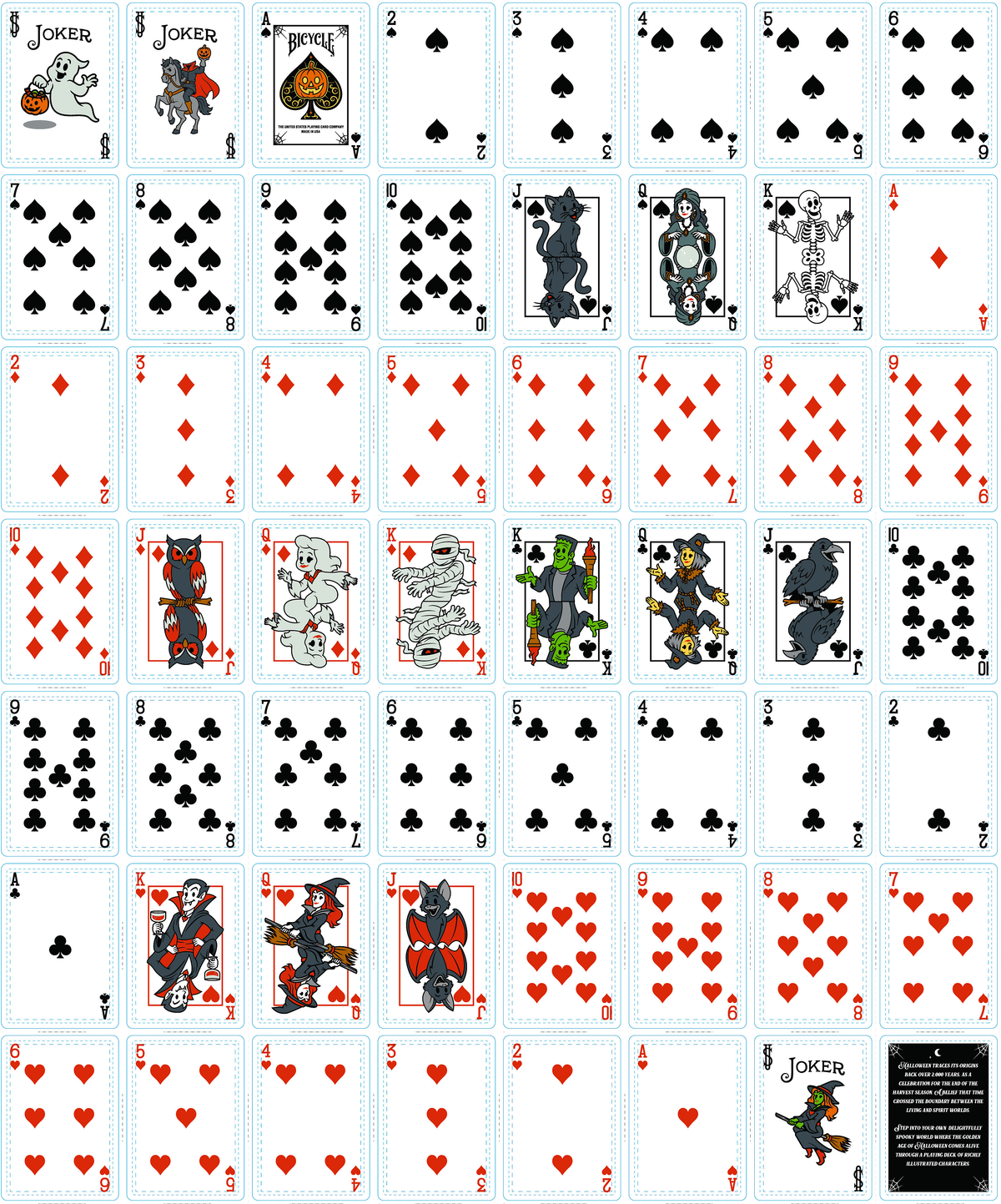 Full 56-card Bicycle Classic Halloween deck showing custom character courts, three Jokers, and Halloween history card