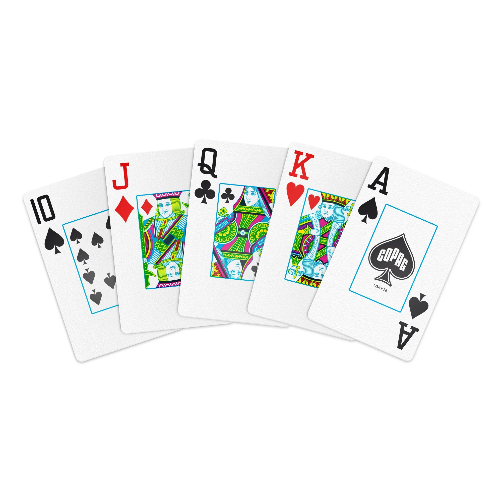Fan of Copag 1546 Neoteric bridge-size jumbo index cards showing 10 through Ace with colorful modern courts.