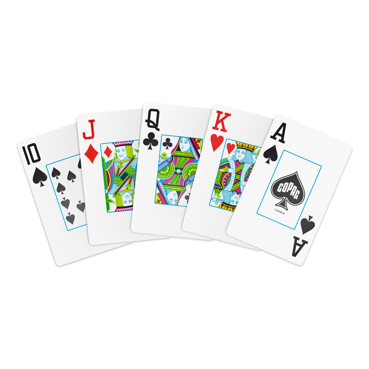 Set of playing cards with colorful designs on a white background