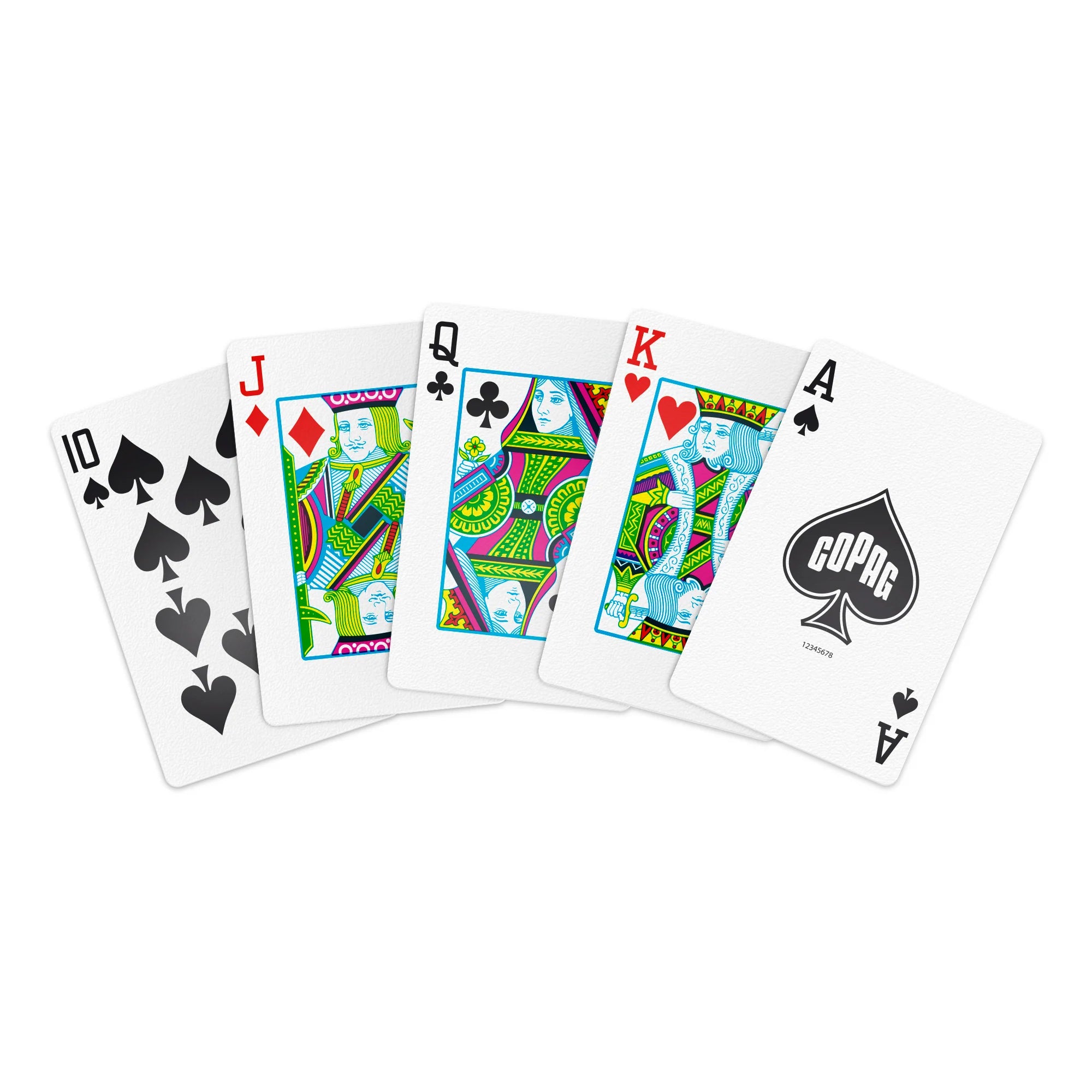 Fan of Copag 1546 bridge-size regular index cards from 10 to Ace showing colorful court faces and Copag Ace of spades.