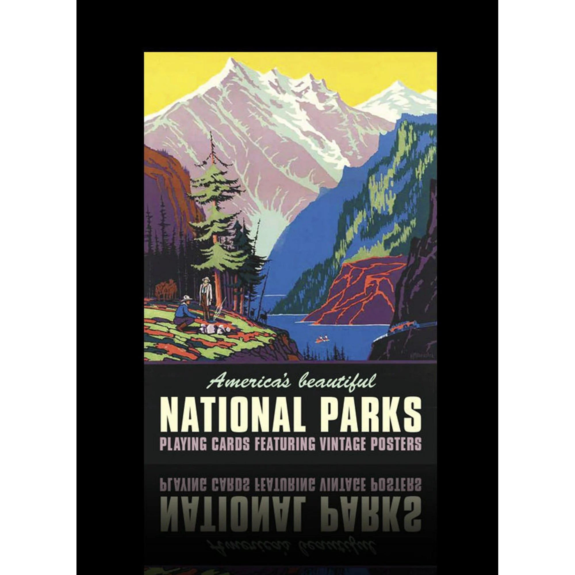 Playing card box with a scenic illustration of mountains and a lake, featuring text about National Parks.