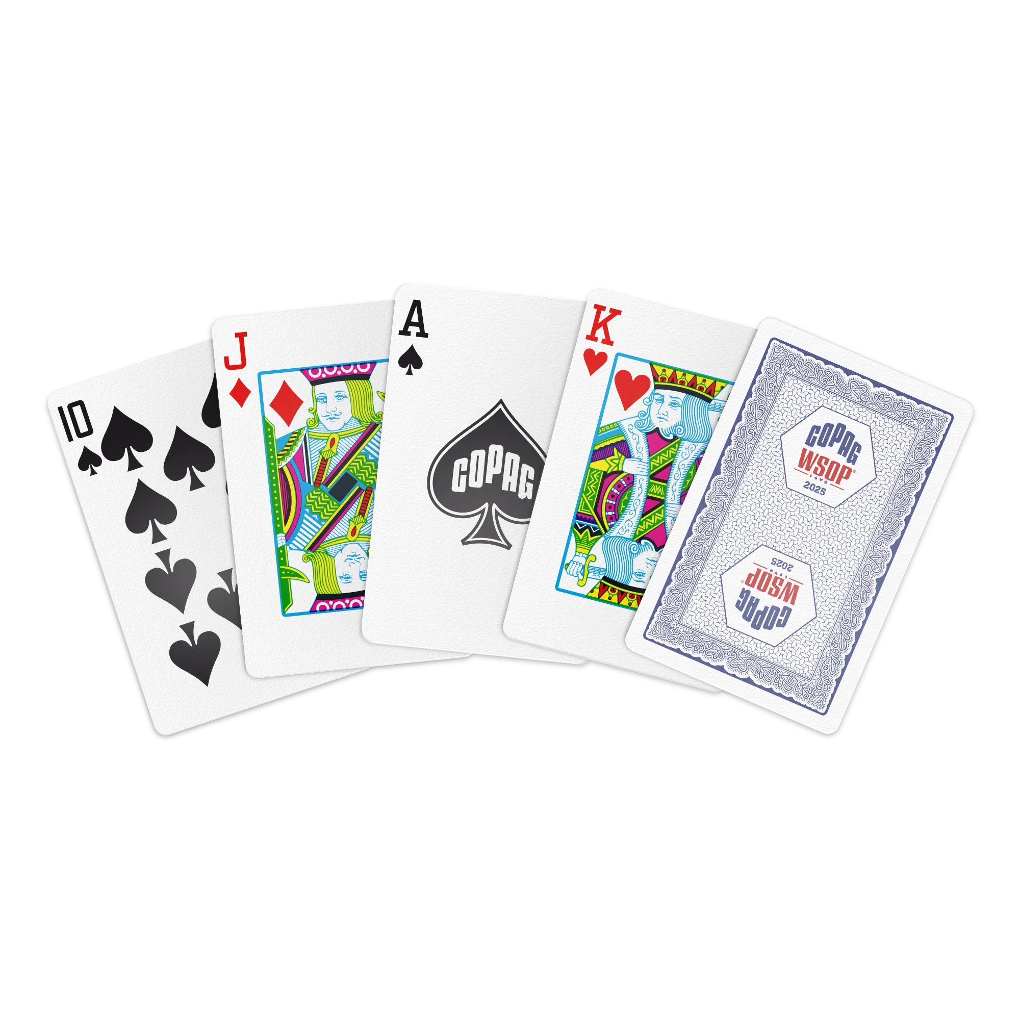 Set of Blue Copag WSOP 2025 Traditional 100% Plastic Playing Cards with four color designs on a white background